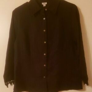 Think Tank Linen Black Button-Up Shirt with Lace Cuffs, Side Slits, Size L